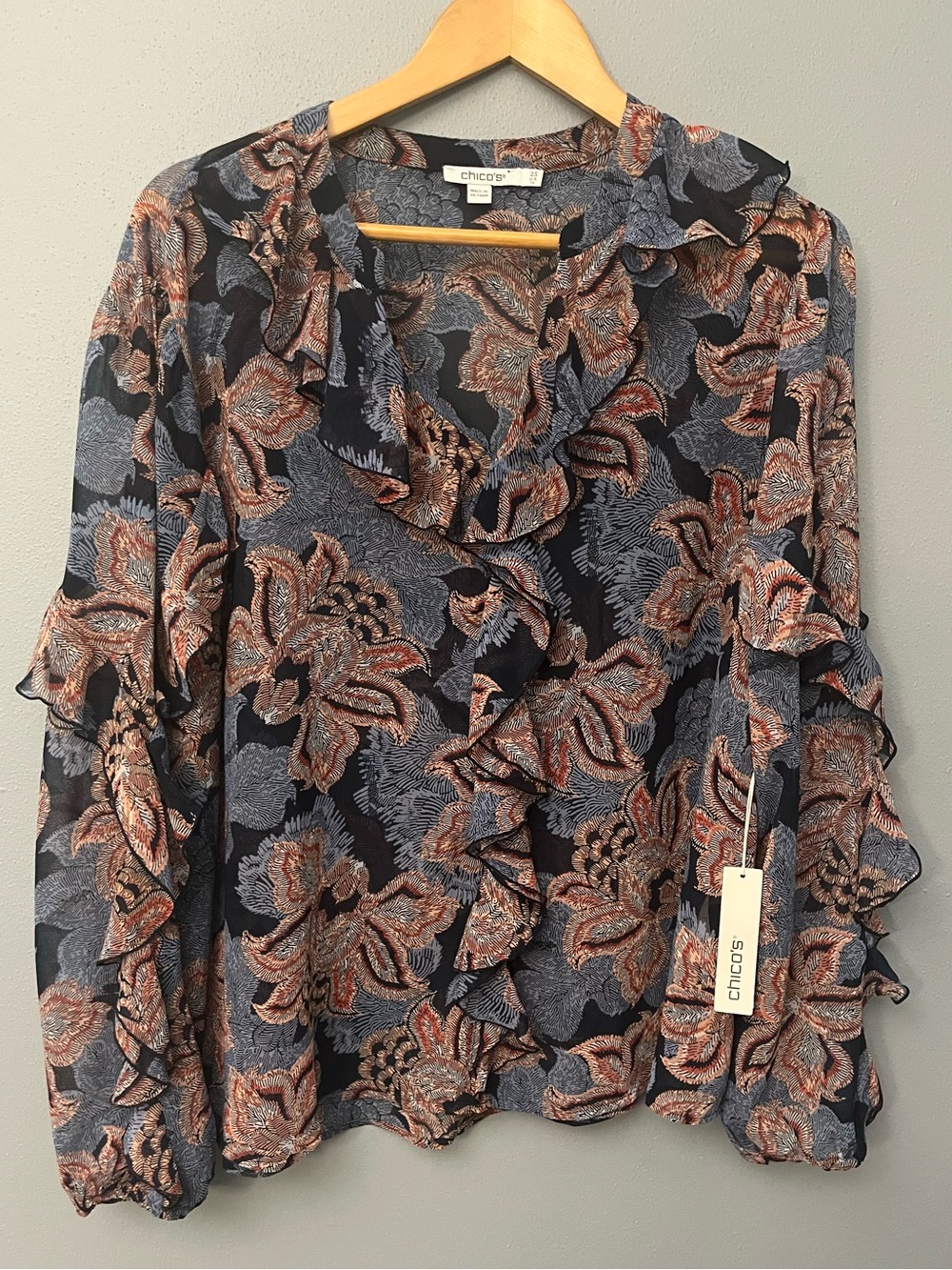 NWT Chico's Sheer Floral Ruffle Blouse